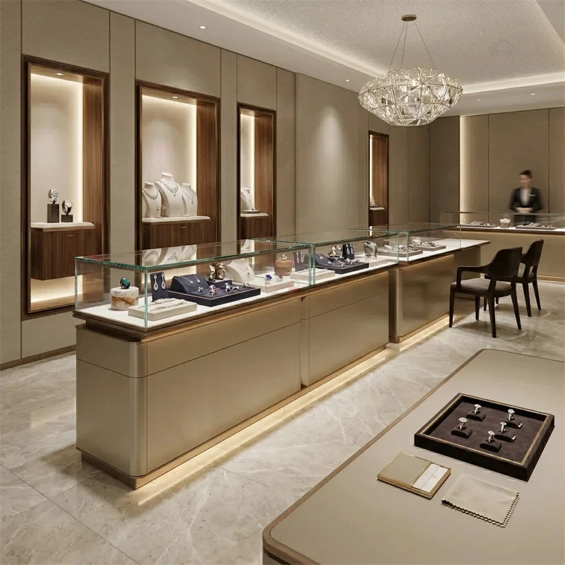 

custom.Premium Light Bronze LED Illuminated Jewelry Glass Showcase Seamless High-End Gems Cabinet Showroom