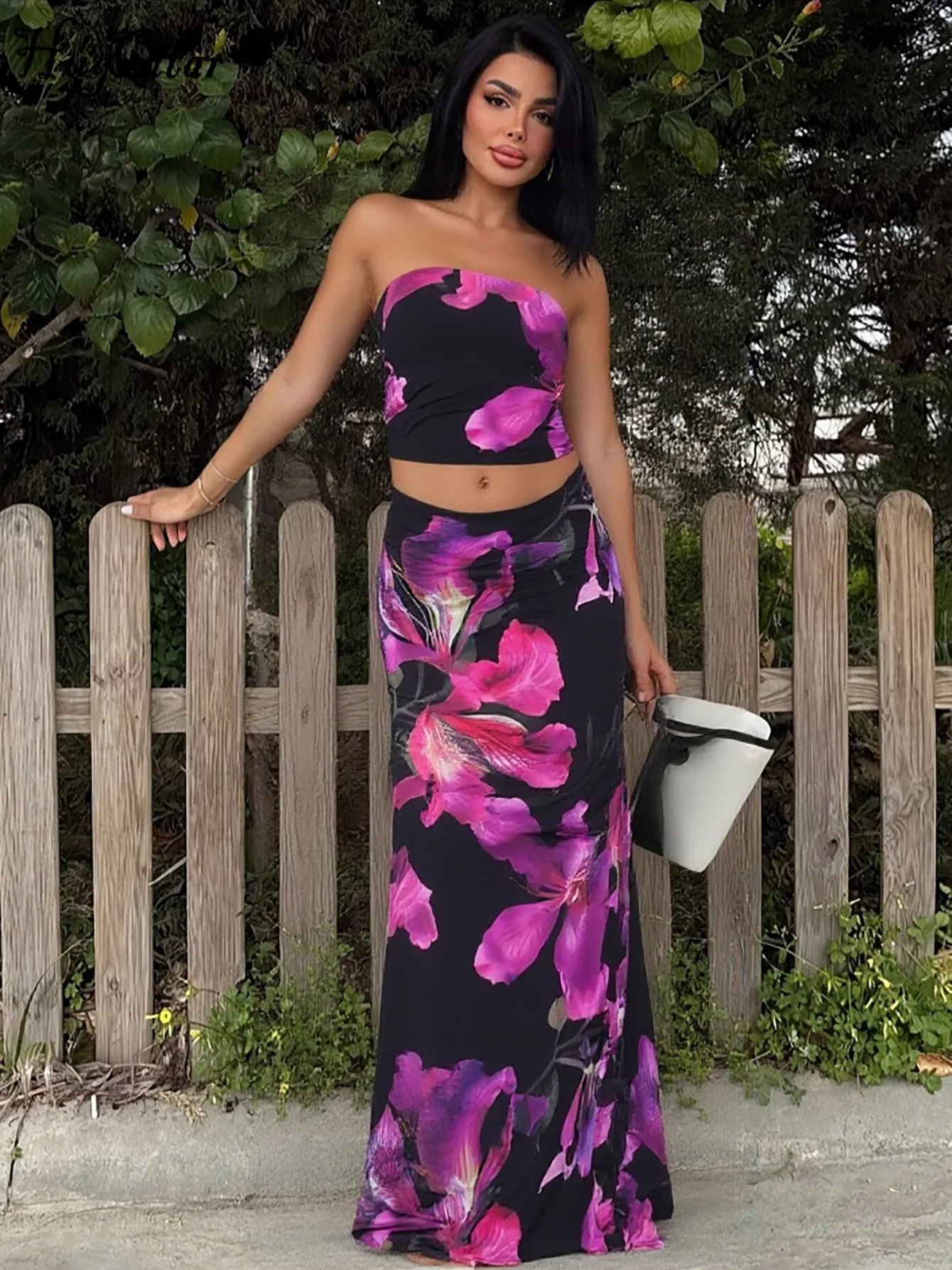 Hugcitar Fashion 2 Piece Sets Print Strapless Sexy Crop Tank Top Maxi Skirt 2025 Summer Women Clothes Festival Birthday Party