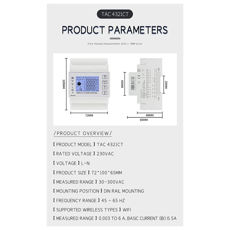 TAC4321CT Three Phase Din Rail Wifi Tuya Mutil-Function Energy Meter With KCT16 Current Transformer 230/400VAC