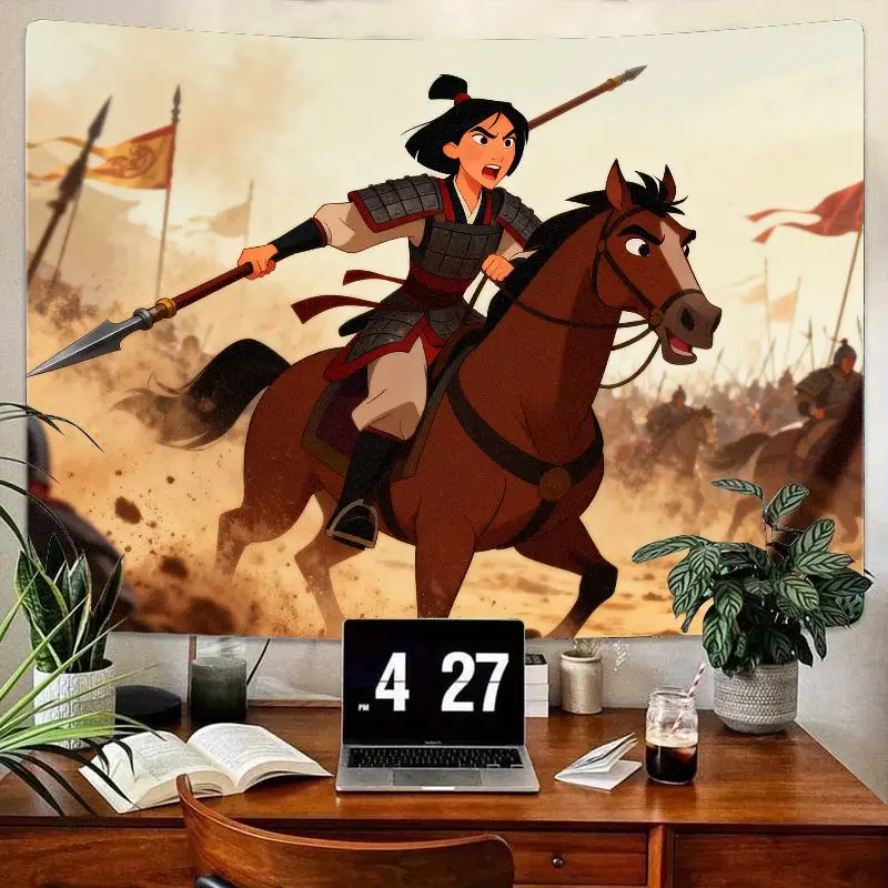 

1PC Mulan Warrior Princess Riding Horse Tapestry, Brave Anime Heroine Wall Art, Polyester Living Room Bedroom Dorm Decor Gift.