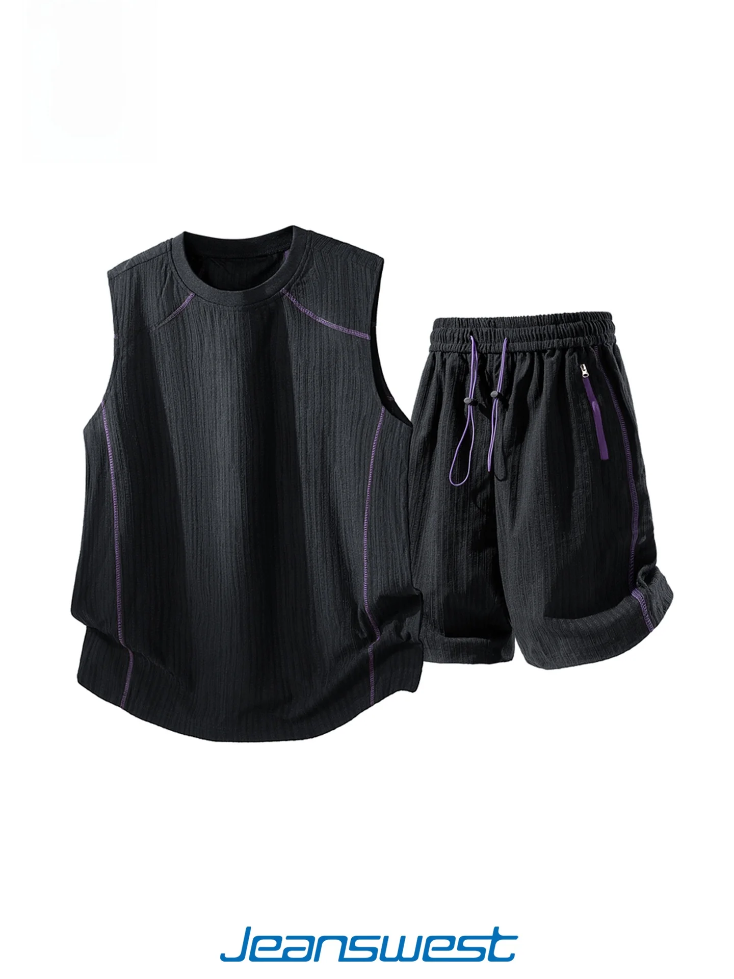 jeanswest-men's-black-sports-vest-set-thin-quick-dry-sleeveless-short-pants-summer-casual-polyester-fiber-youth-outfit