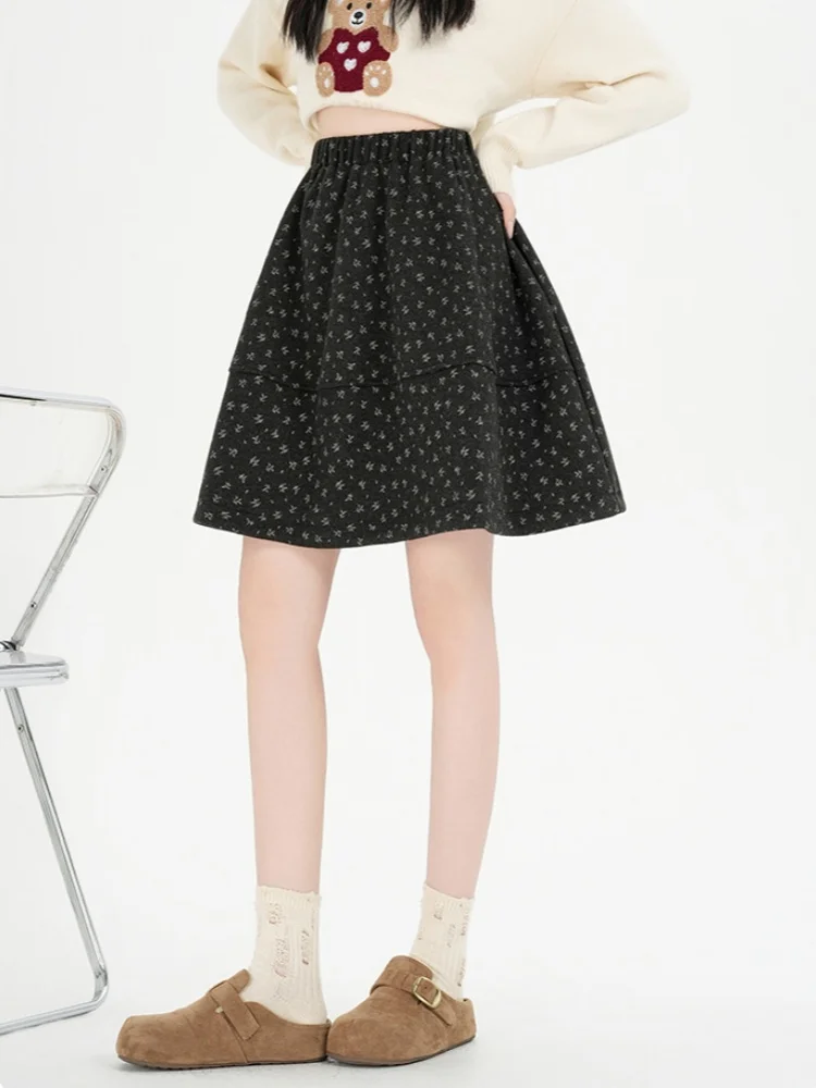 SMTHMA الأزهار الصوفية تنورة قصيرة للنساء جديد الخريف الشتاء عالية الخصر التخسيس ألف خط تنورة مزاجه تنورة أنيقة #6