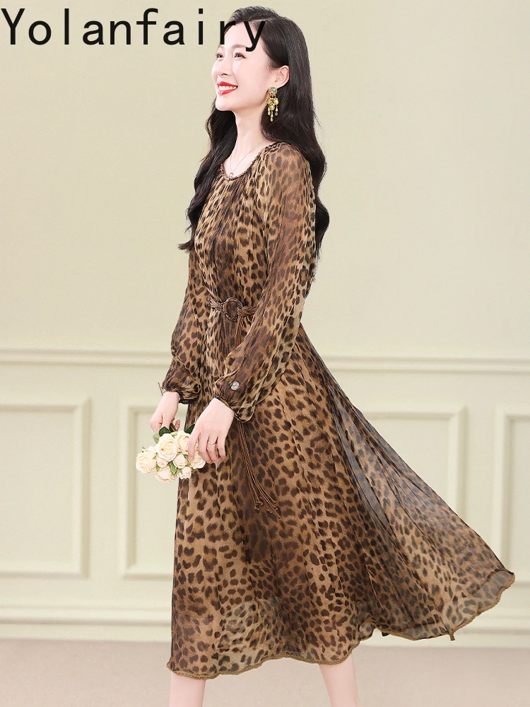 YOLANFAIRY 100%ธรรมชาติผ้าไหมหม่อนชุดผู้หญิงต้นฤดูใบไม้ร่วงแขนยาวเสือดาวชุดวันหยุดชุดเสื้อคลุมยาว