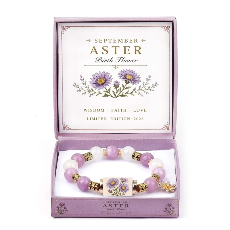 195C Birth Flower Bracelet Gift Box Beaded Stretch Bracelet Jewelry with Floral Centerpiece for Sentimental Birthday Giving
