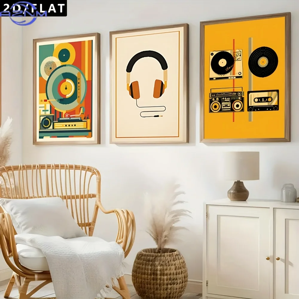 2D/Flat 3pcs Phonograph, Radio, Headphones, Vinyl Records, Cassette Tapes, Retro Music Elements, Art Canvas Posters, Canvas Pa