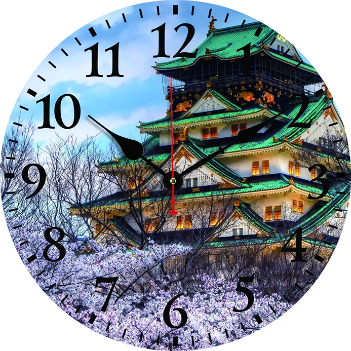 Japanese Style Architecture Wall Clock Kitchen Decor Wall Art Silent Large Round Wall Clocks For Living Room Bedroom Office