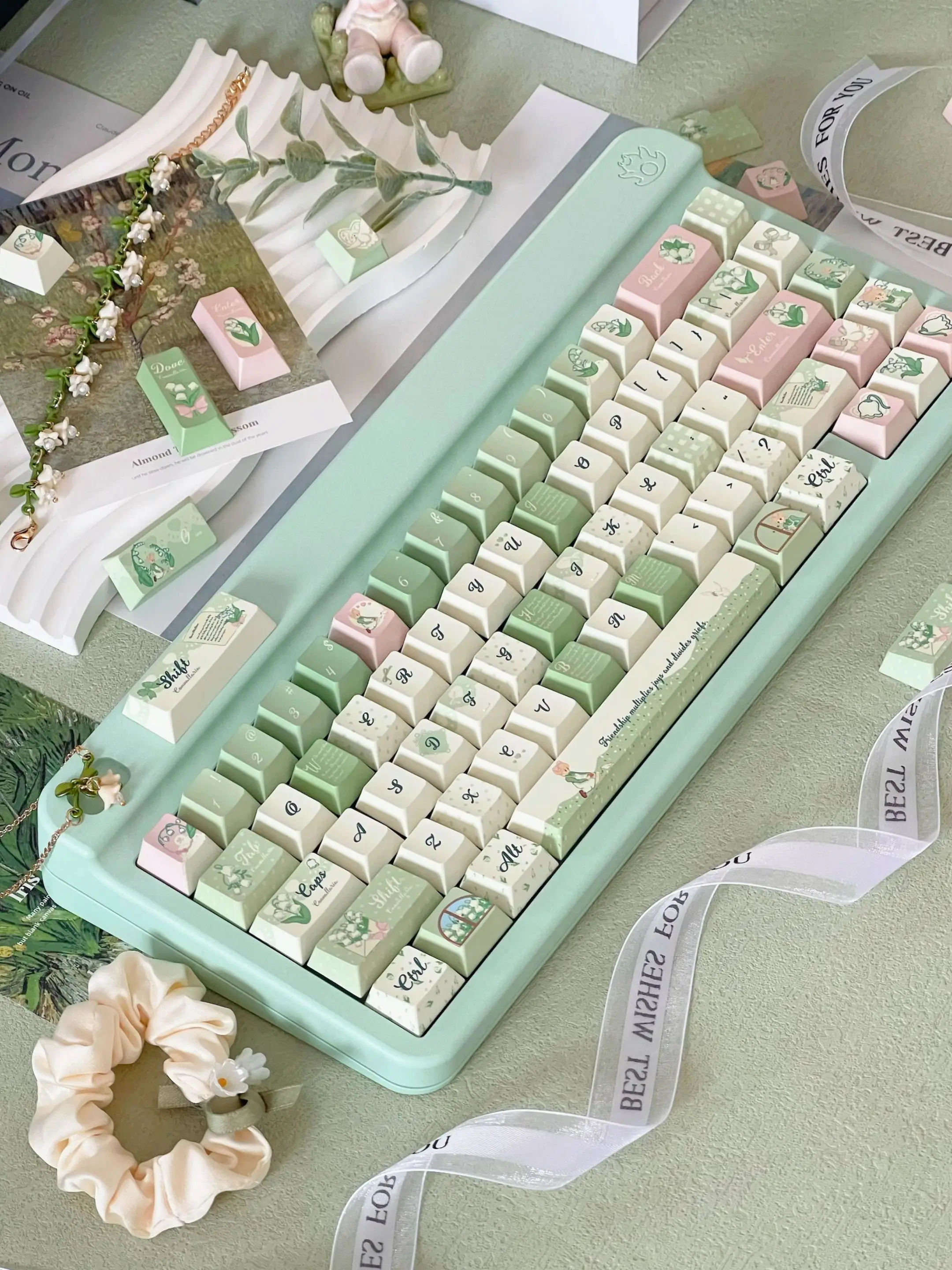 

131 Keys Green Theme Keycap Cute Gift Chreey Profile PBT 5-sided Heat Sublimation Customized Keycap for Mechanical Keyboard Caps