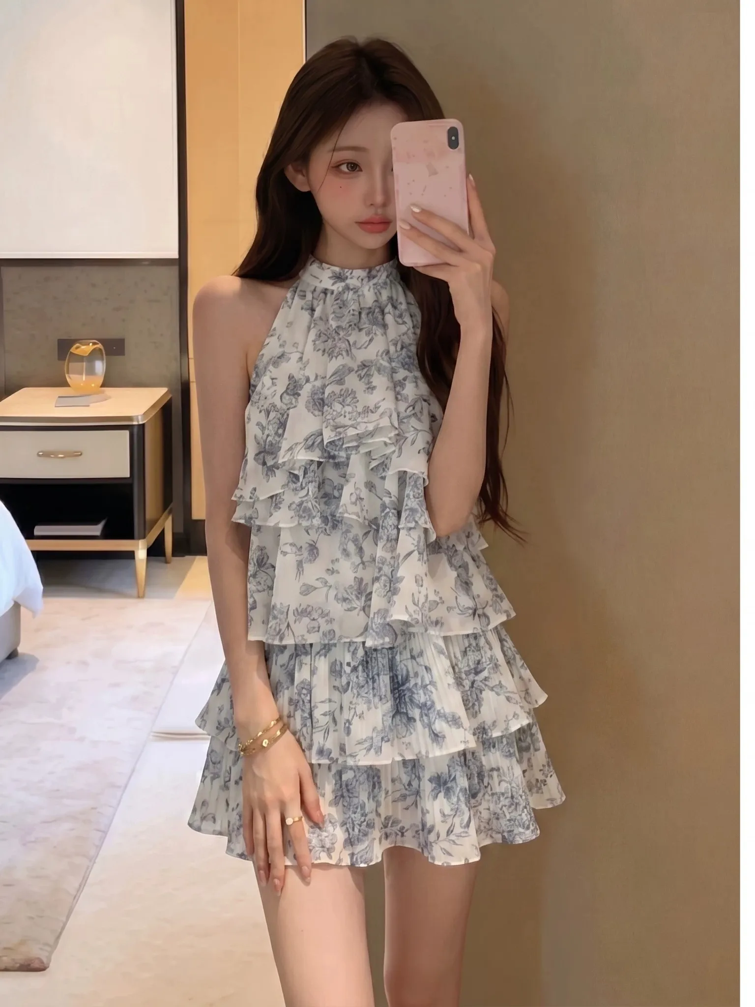 Chinese Style Gentle Water Ink Print Halter Neck Sleeveless Women's Top And Short Skirt Two Piece Set Cake Layering Top