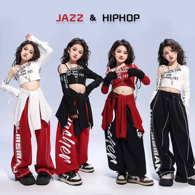 Kid Hip Hop Clothing White Black One Shoulder Crop Top T Shirt Casual Sweat Jogger Pants for Girls Jazz Dance Costumes Clothes
