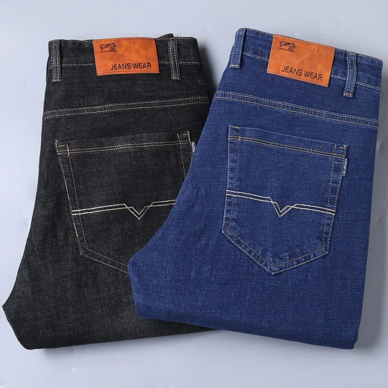 Celana Jeans bisnis pria, celana panjang Denim hitam biru kasual meregang ramping gaya klasik mode 2024