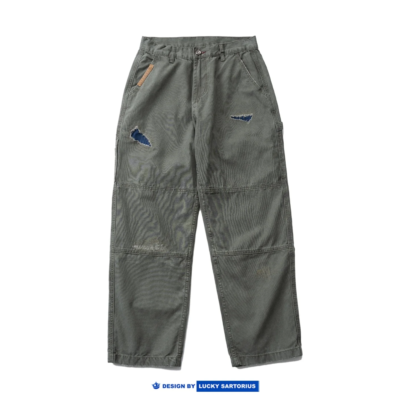 Retro American Embroidered Patch Workwear Pants Men's Military Green Loose Casual Long Trousers Straight Leg Pants