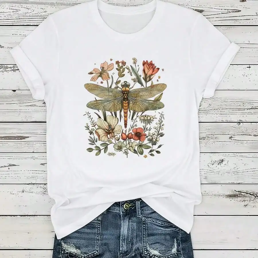 1PC,Plus Size Women's Dragonfly Floral Print-Shirt Casual Short Sleeve Top Boho Style Summer Outfit Fashion Tee 's Casual And Stylish Short-Sleeved Printed ShirtT-Shirt, Breathable, Suitable Outdoor Sports, Everyday Wear, Birthday Gifts, Gifts, Halloween