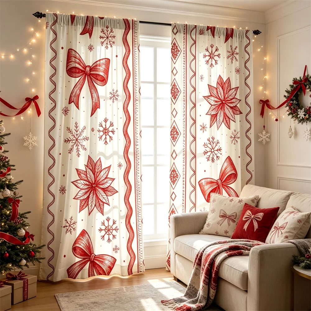 2PCS Christmas Curtains, Red line art bow poinsettia Print, Bedroom Living Room Window Drapes, Rod Pocket Polyester, Home Decor