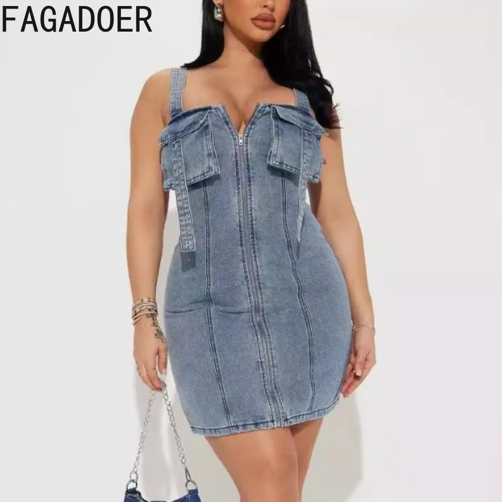 

FAGADOER Fashion Elasticity Strap Denim Splicing Zip Dress Women V Neck Sleeveless Backless Slim Vestidos Summer Cowboy Clothing