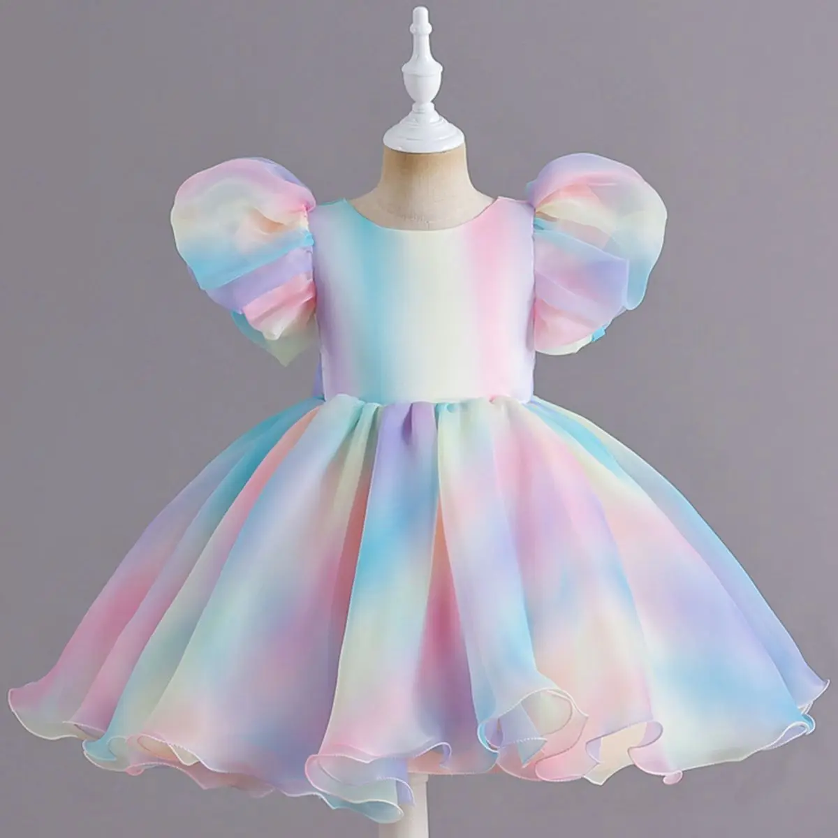 1 piece princess style mesh ruffles colorful fabric soft thin section bubble sleeve dresses for little kids girls