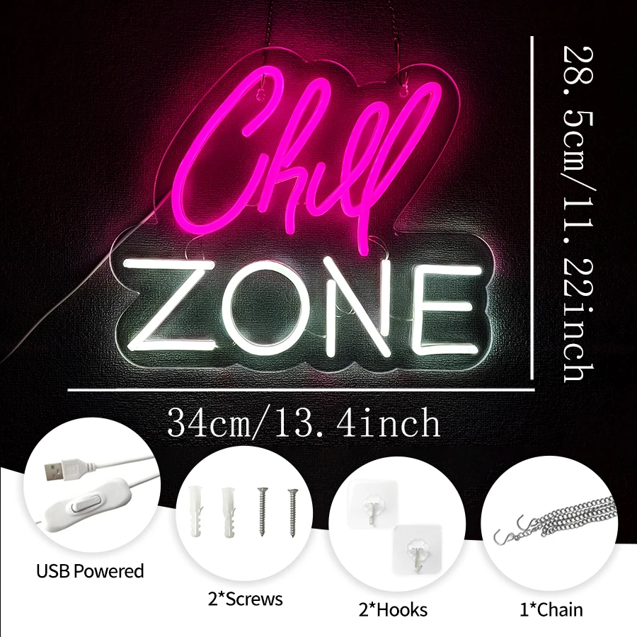 Chill Zone Neon Sign,Neon Just Relax LED Lights Sign for Man Cave Decoration for Women Room Wall Decor,Bedroom,Bar,Club,Party