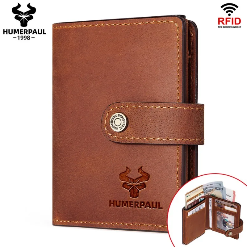Men's RFID Blocking Retro & Luxury Zipper Genuine Leather Wallet Fashion Multi-Slot ID Credit Card Holder Billeteras Para Hombre