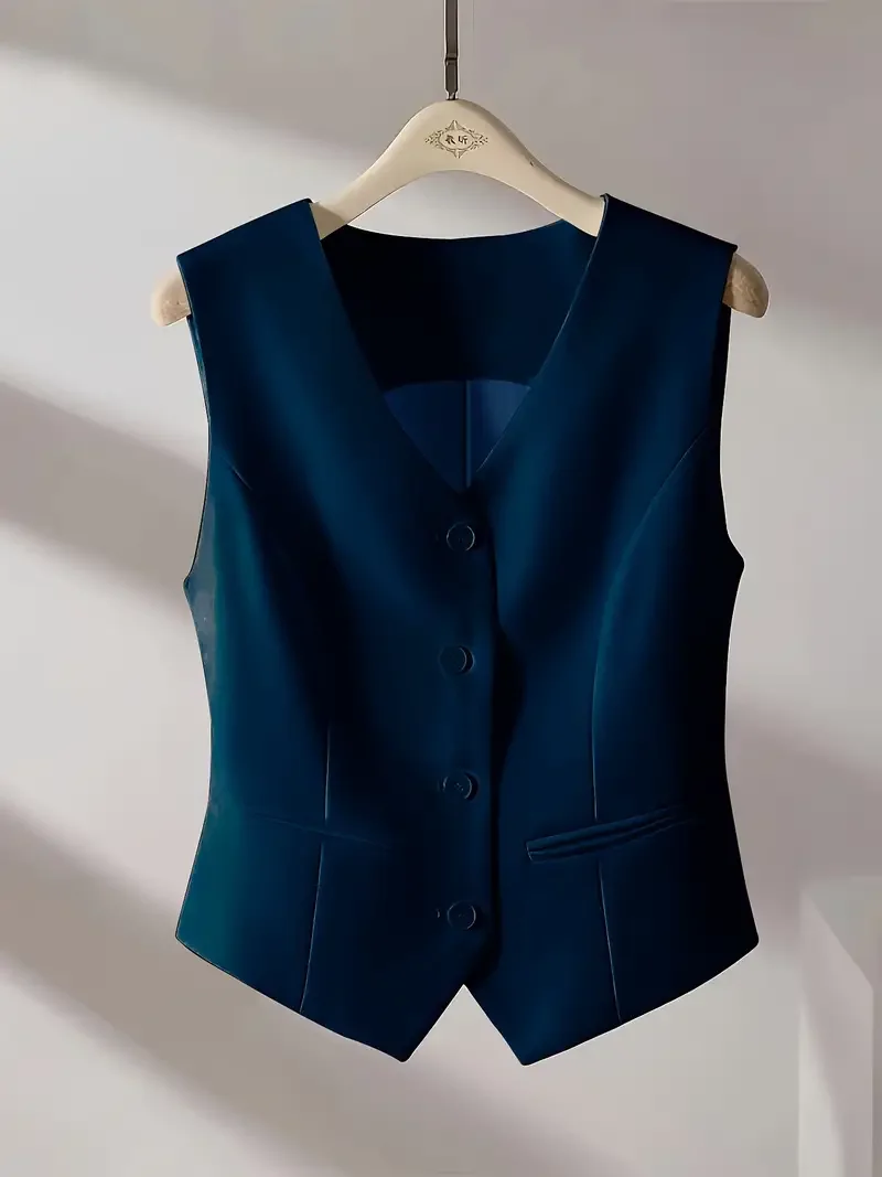 Fashion Suit Waistcoat Elegant Women\'s Simple Casual V-neck Single Breasted Sleeveless Waistcoat Solid Color Slim Retro