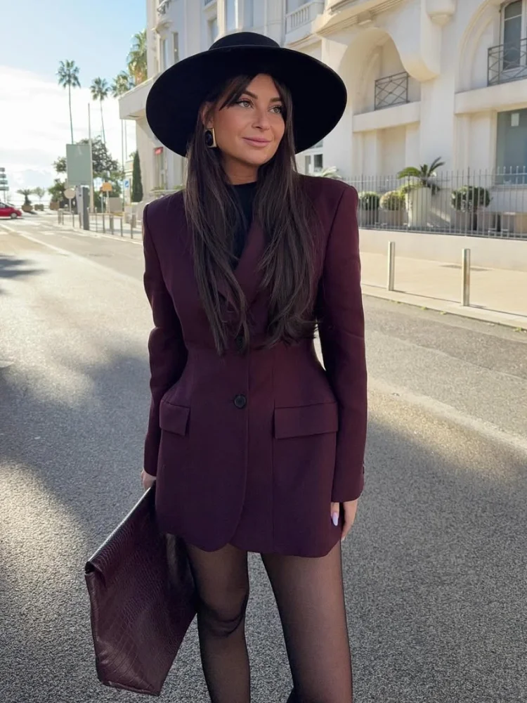 Blazer à simple boutonnage à manches longues pour femmes avec poches, veste moulante, manteau femme, vêtements d'extérieur chics, vin rouge, revers mince, mode élégante, nouveau