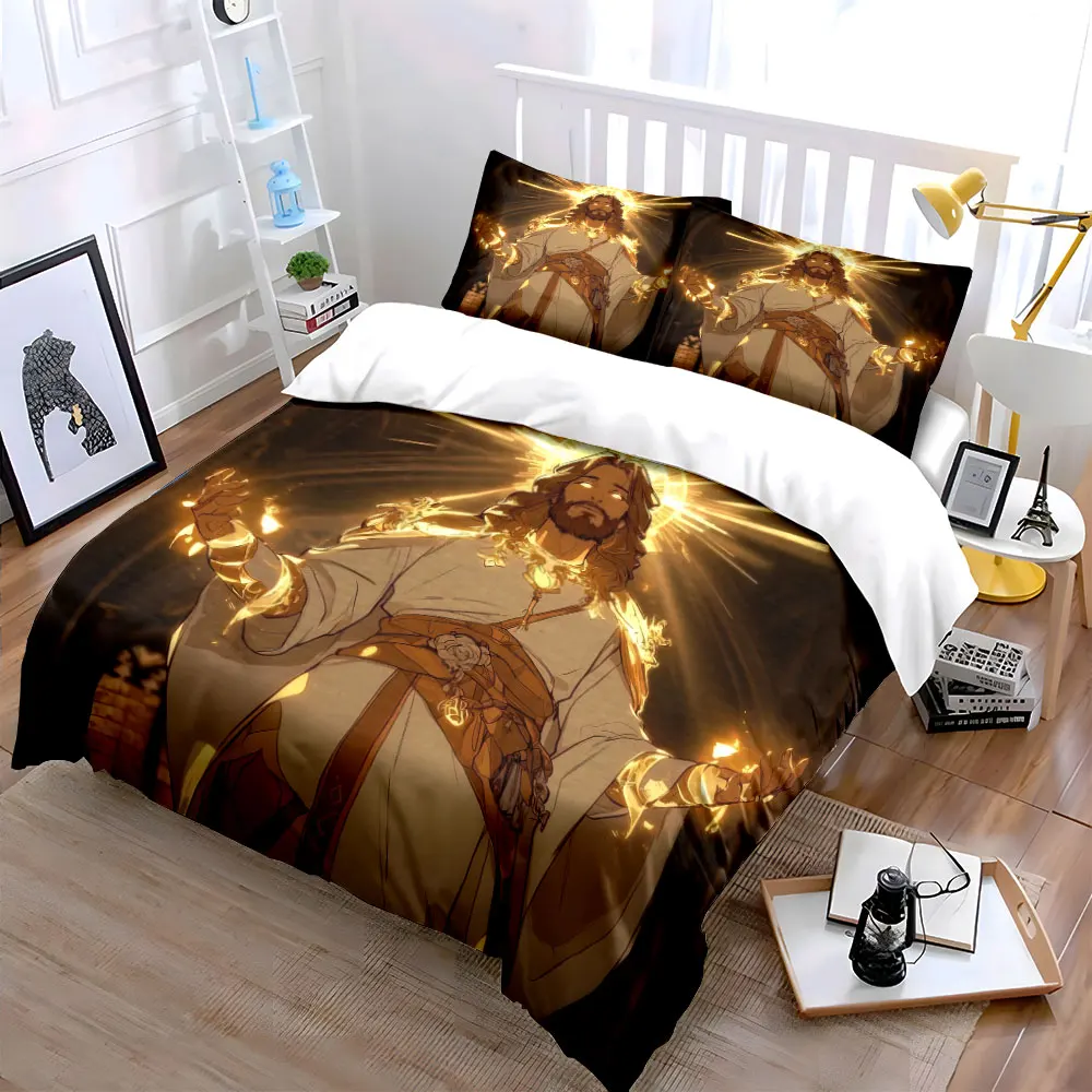 Glowing Holy Light Jesus Christ Duvet Cover Set, Christian Anime Faith Bedding Includes 1 Duvet Cover And 2 Pillowcase, Gift