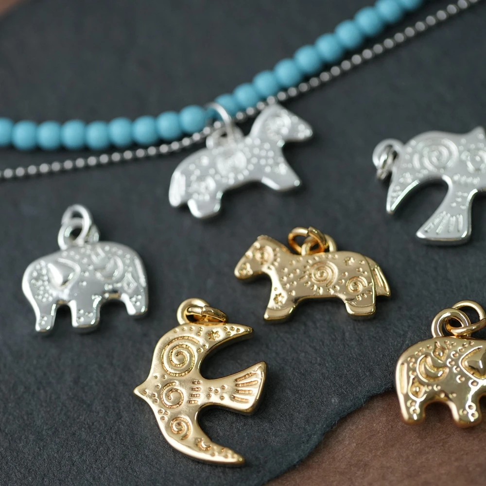 6PCS Gold Plated Brass Retro Ethnic Pattern Totem Animal Pendant Jewelry DIY Handmade Material Accessories Making Supplies