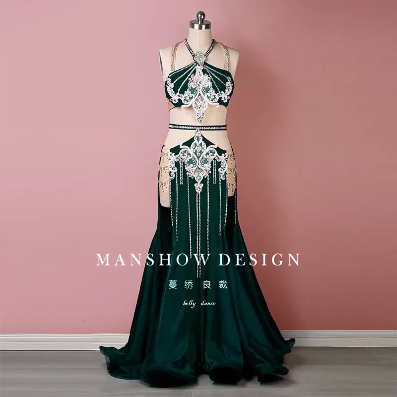 Customized Belly Dance Performance Costume High Waisted Long Skirt Slim Fit Conservative Chest Wrapped Tassel Set