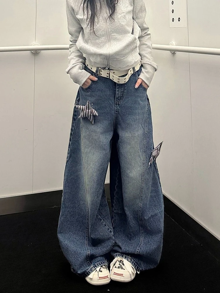 Three dimensional star decoration sticker washed curved knife straight leg cargo jeans women autumn new street loose pants