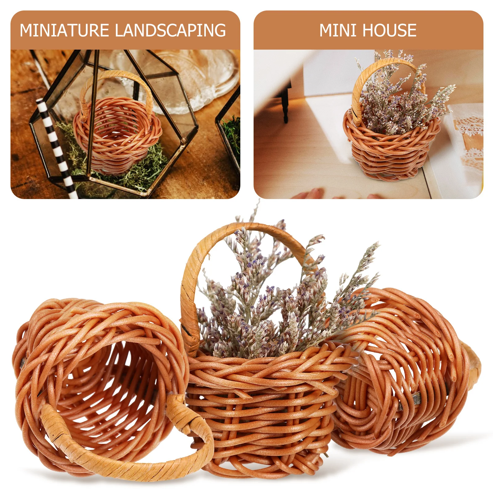 8pcs Woven Flower Baskets Decorative Accessories For Mini House Garden Kids Lovely Landscaping Decoration Desktop Ornament