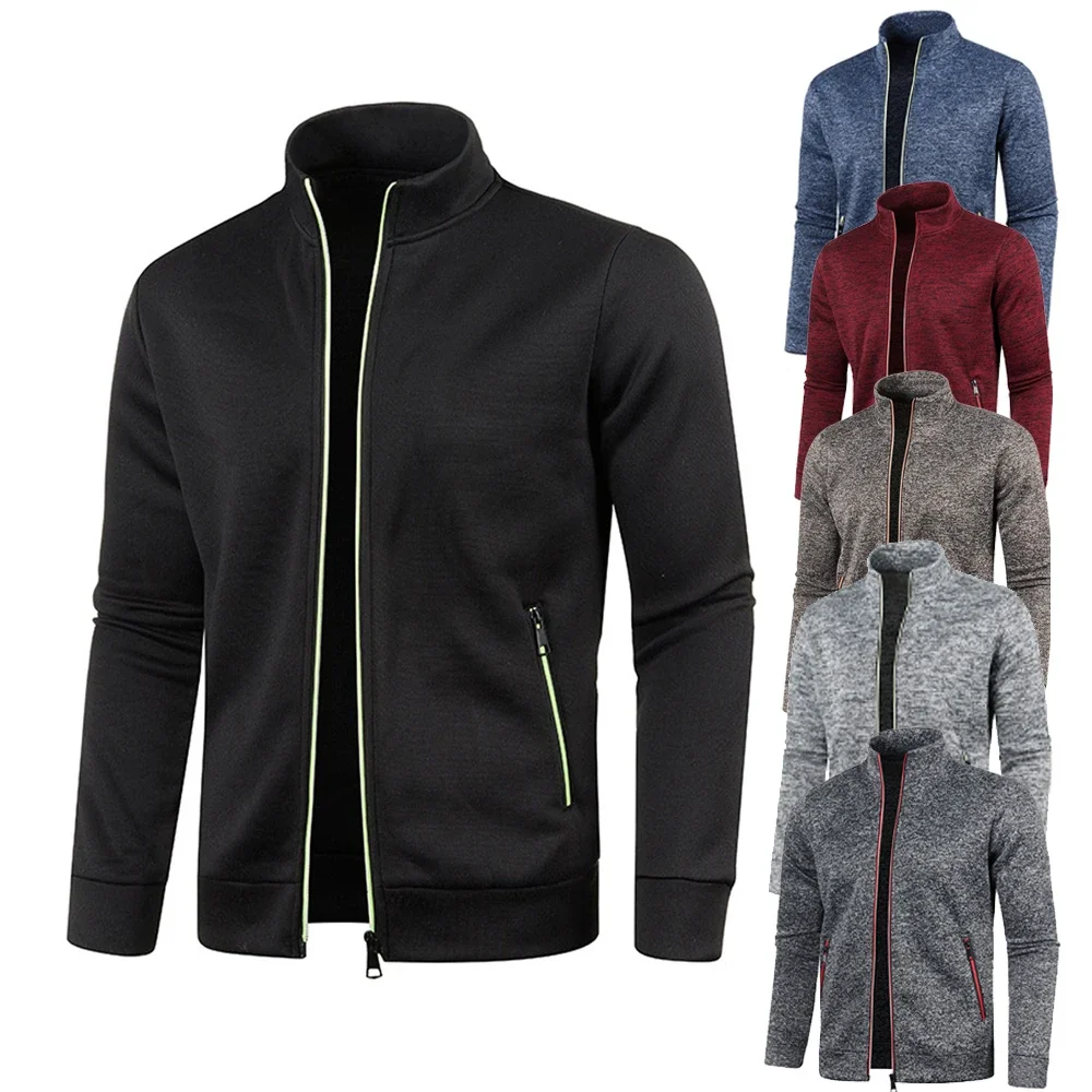 Męskie bluzy z kapturem na zamek błyskawiczny czarne zielone szare kontrastujące kolory kurtki moda Casual bluzy z wysokim stojakiem płaszcze odzież sportowa