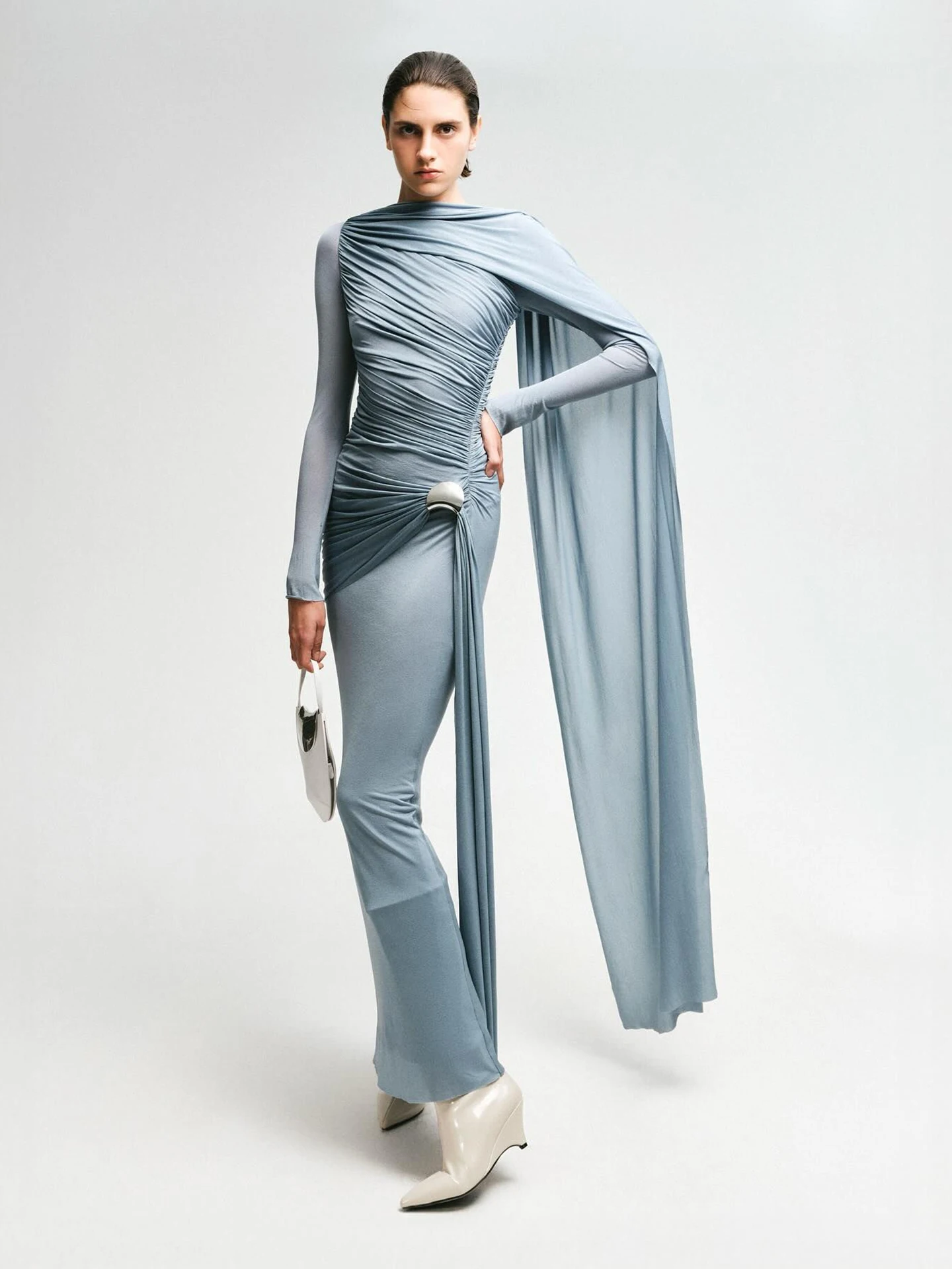 

VGH Asymmetric Hem Gown Long Sleeve Slimming Floor-Length Dress Polyester Cotton Blend Wrinkles French Style Casual X-Shape