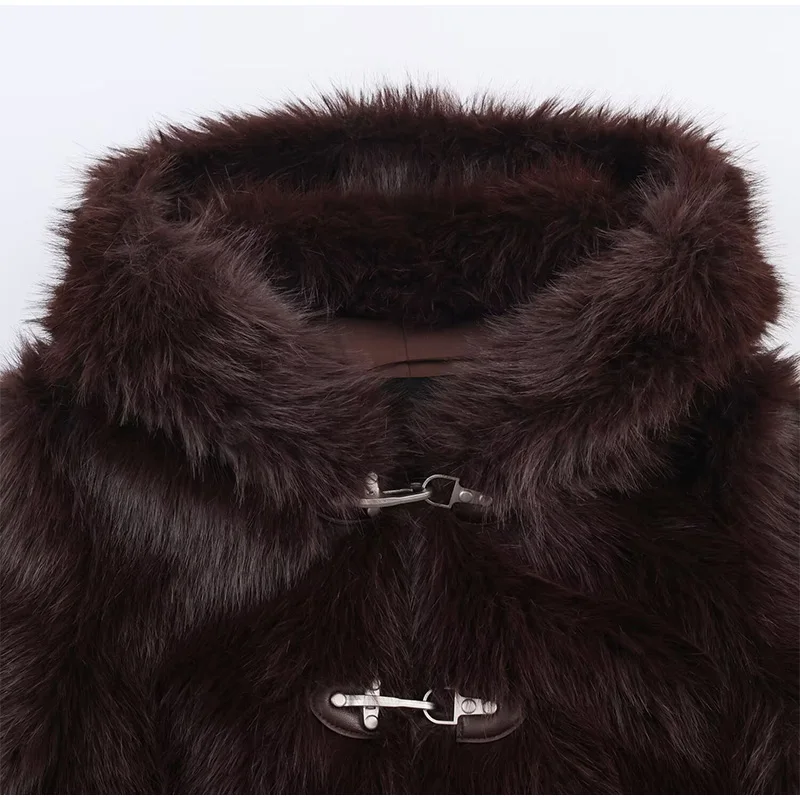 Elegant PU Fur Patchwork Jacket Women Loose Detachable Collar Lapel Double Breasted Jackets Female Fashion Winter Warm Outwear