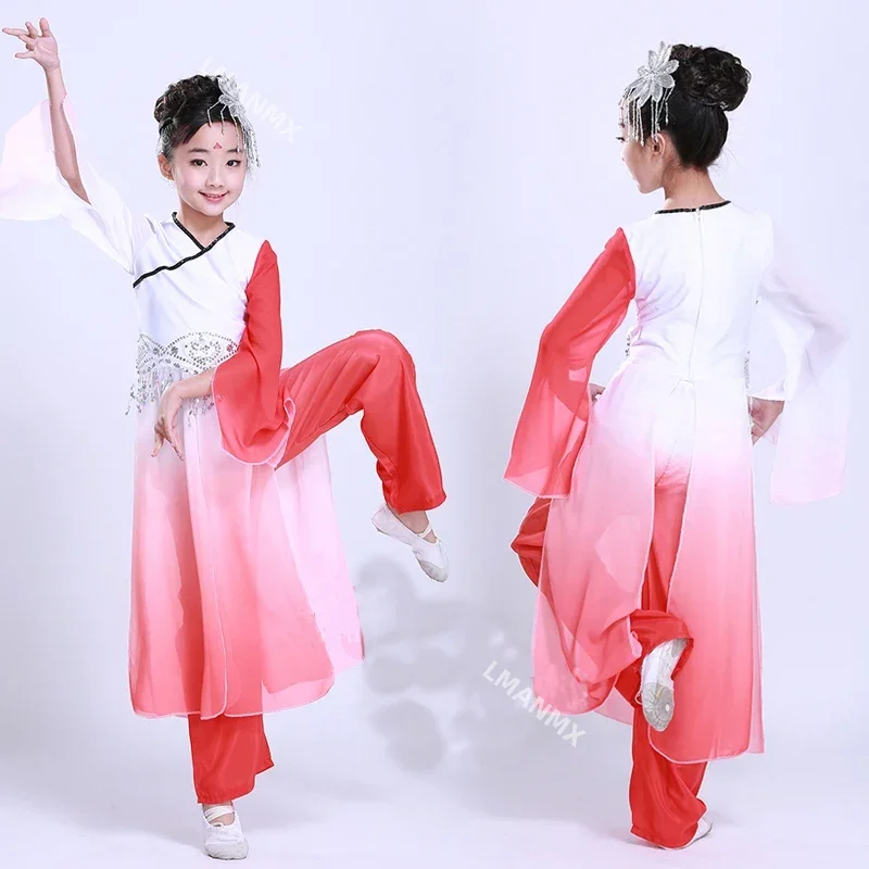 Big Sleeve Ink Child Chinese Classic Yangko Dance Costumes Girl Fan Dance Clothing Stage Chinese Ancient Folk Dance Clothes 89