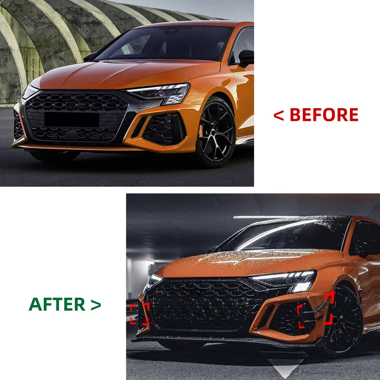 Für Audi RS3 8Y 2020-2024 Limousine 4-Türer Frontstoßstangen-Seitenlüftungs-Verkleidung Lufteinlass-Rahmen Spoiler Splitter Canards – Detail 3