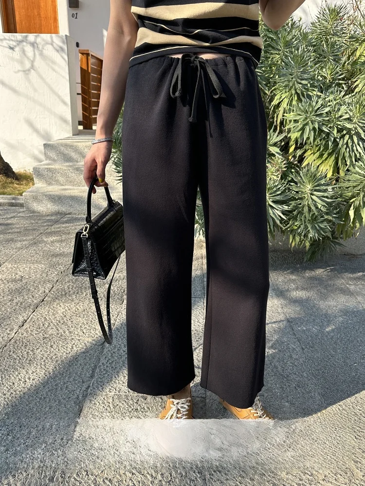 

Loose High Waist Dstring Casual Pants Women's Nine Points Lazy Sle Straight Leg Cotton Blend Elastic Waist Spring Summer...