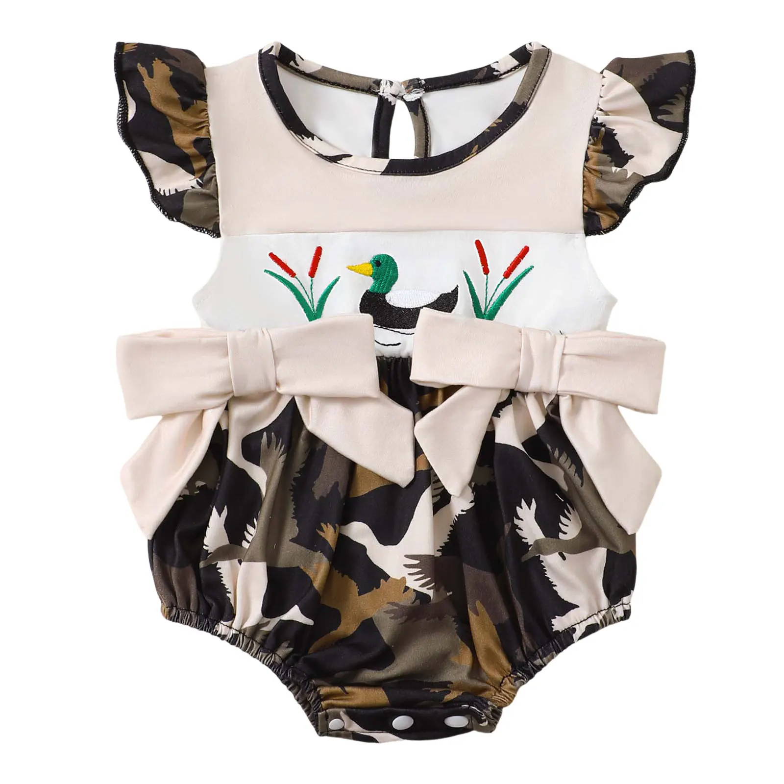 

Summer Baby Girl Clothes Baby Girl Spring/Summer Printed Small Flying Sleeves With Bow Decoration Youth Leotard Long Sleeve