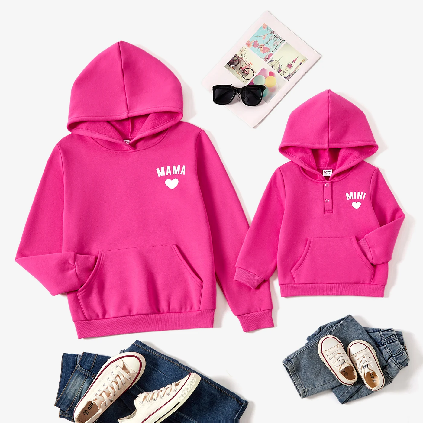 

PatPat Mommy and Me Sweet Pink Letters Print Large Pocket Design Long Sleeve Hooded Fleece-lining Sweatshirts Tops