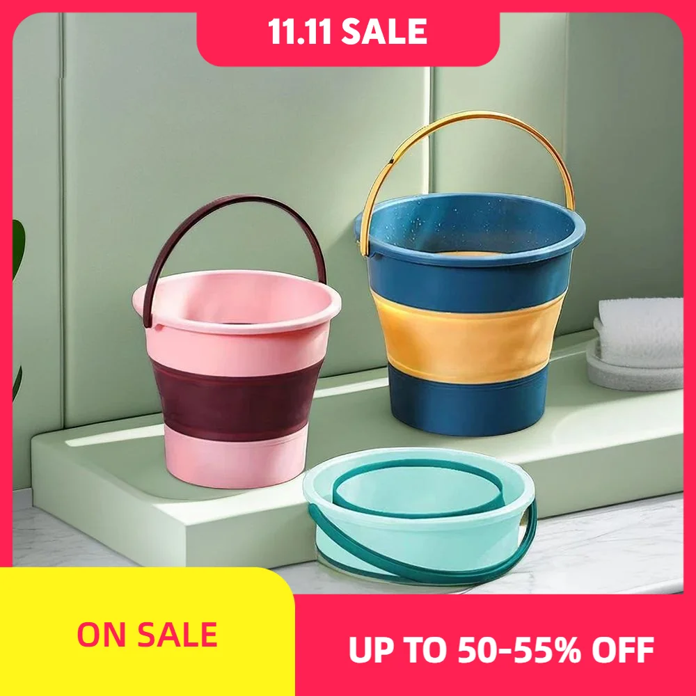 5/10l Folding Portable Bucket With Cover Car Wash Fishing Bathroom Tool Silicone Bucket Outdoor Camping Household Supplies