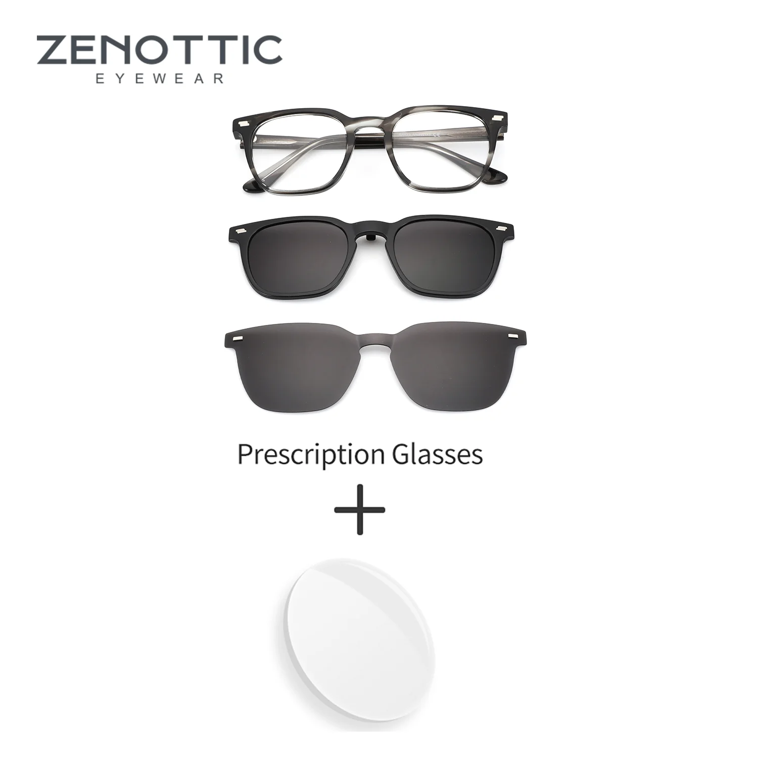 ZENOTTIC (L Size) Magnetic Polarized Clip Prescription Eyeglasses for Vintage Acetate Men Square Sunglasses Male Degree Glasses