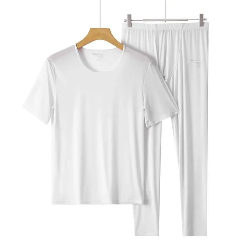 Men's Ice Silk Homewear Set Sheer Smooth Breathable High Elastic T-shirt + Pants Loungewear Ultra-thin Quick Dry Bottom Lingerie