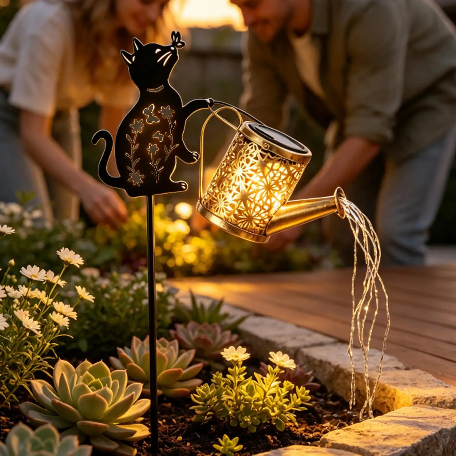 Watering Can Lights Solar Powered Cute Cat LED Waterproof Decoration Outdoor Solar Stake Lights for Garden Yard Landscape