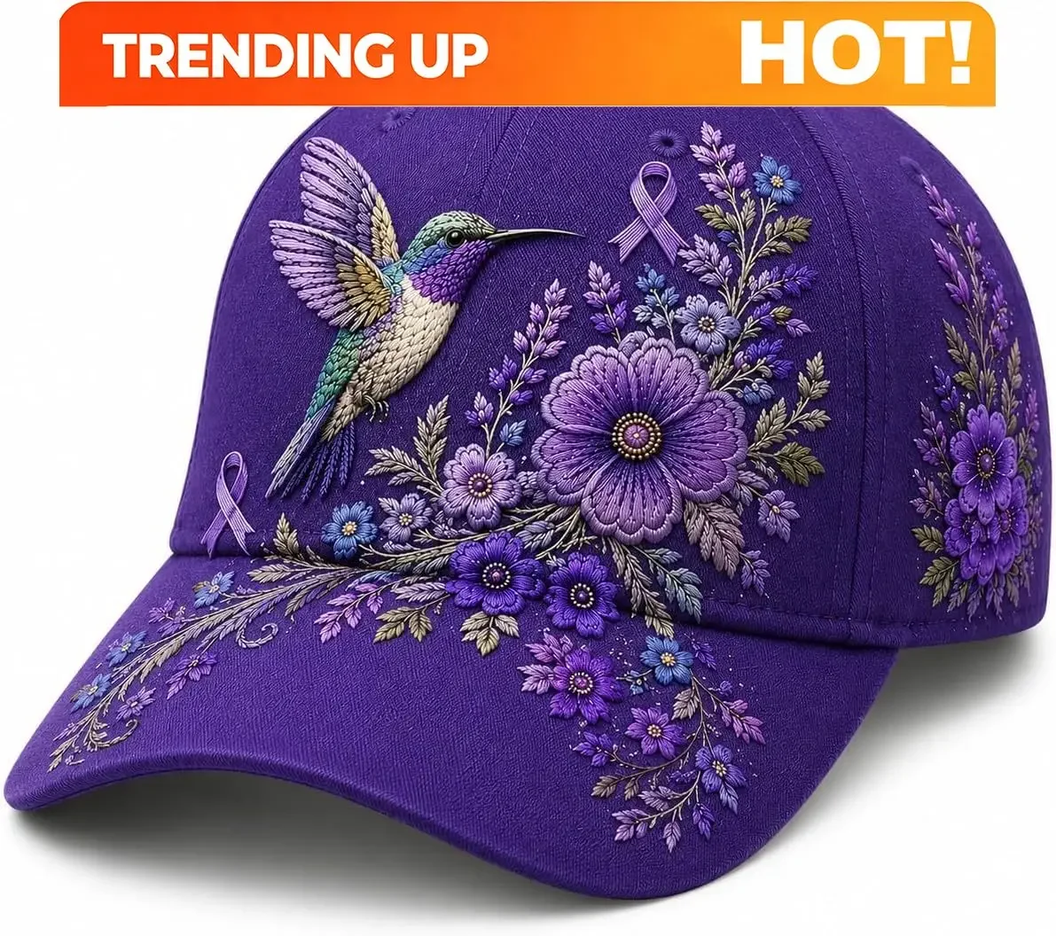Alzheimer's Awareness Purple Ribbon Floral Baseball Cap For Women Men | Purple Ribbon Floral Awareness Cap With Butterfly Bird