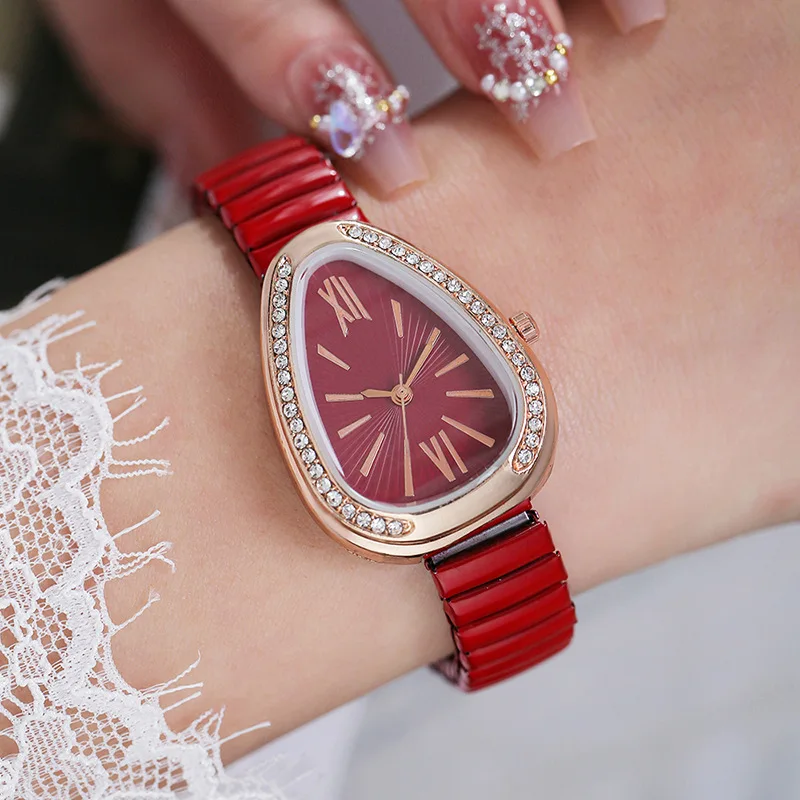 Snake Shaped Women Quartz Watch Ladies Watch Diamond Encrusted Snake Head Elastic Strap Student Girl Watch Fashion Casual Daily