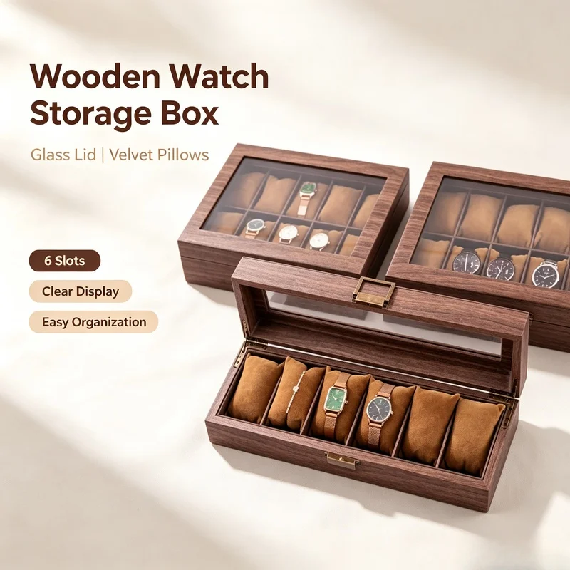 Classic Eco‑Friendly Wooden Dust‑Proof Watch Storage Display Case with Lock and Clear Glass Window for Watch Collection Home Dec