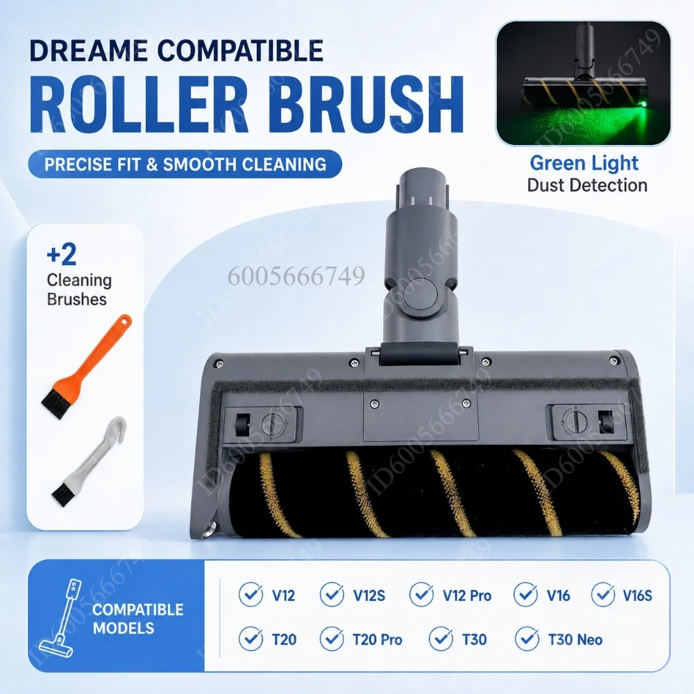 For Dreame V12/V12S/V12 Pro/V16/V16S/T20/T20 Pro/T30/T30 Neo Green Light Roller Brush with 2 Cleaning Brushes Vacuum Parts