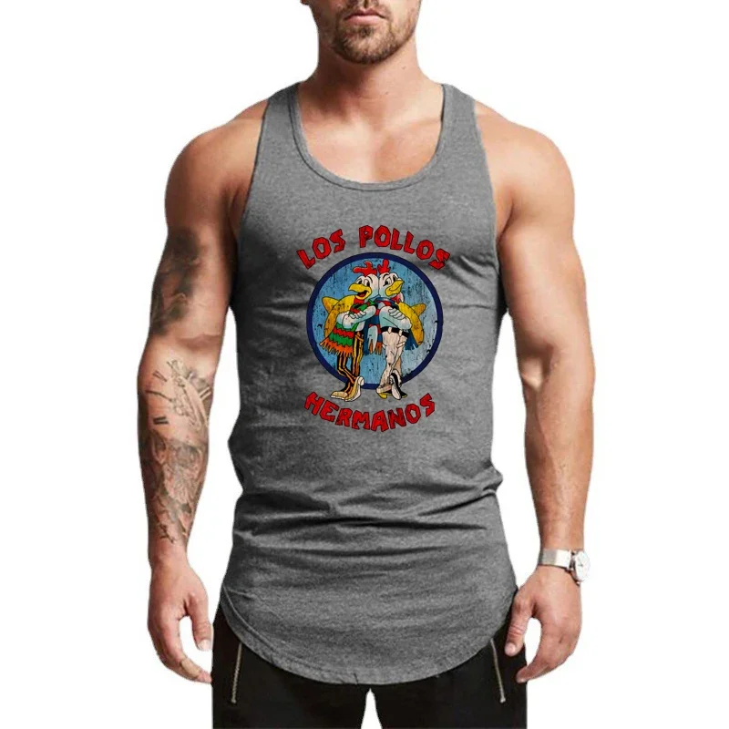 LOS POLLOS Hermanos Funny Printed Sport Vests Gym Bodybuilding Sleeveless Workout Tank Tops Mens Fitness Muscle Running Shirts