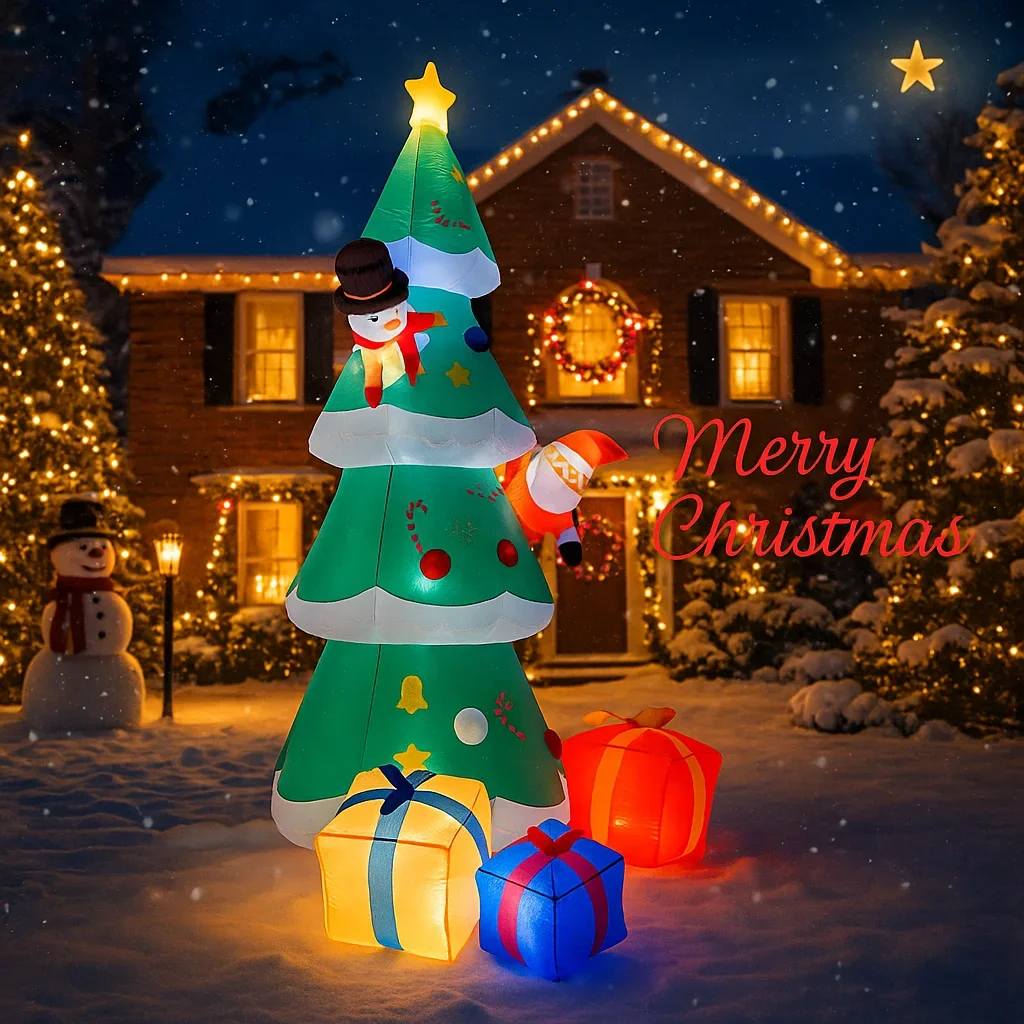 8.2FT Kerst Opblaasbaar Speelgoed LED Boom Set Kerstman Sneeuwpop Geschenkdoos Levert Thuis Ornament Feestelijk Cadeau Kerst Tuin Decoraties