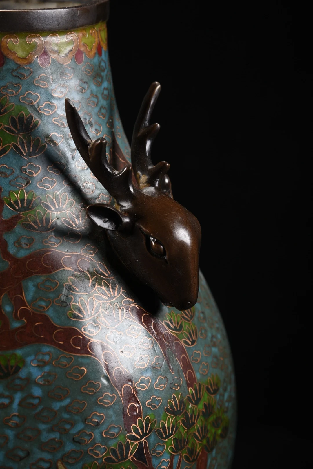 

14"Old Xizang Folk Collection Old Bronze Cloisonne Enamel Flower Crane Texture Deer Head Ear Vase A Pair Amass wealth Ornaments