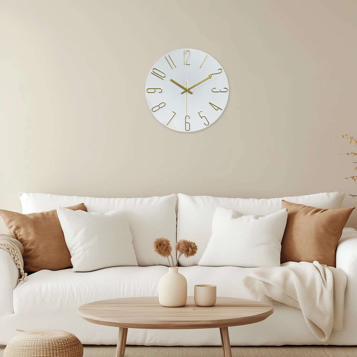 12inch White Wall Clock with Gold 3D Numbers, Silent Non-Ticking Quartz Decorative Clock, Creative Hollow-Out Round Wall Clock, Suitable for Living Room, Home, Office Decoration, Holiday Gift (Battery Not Included)