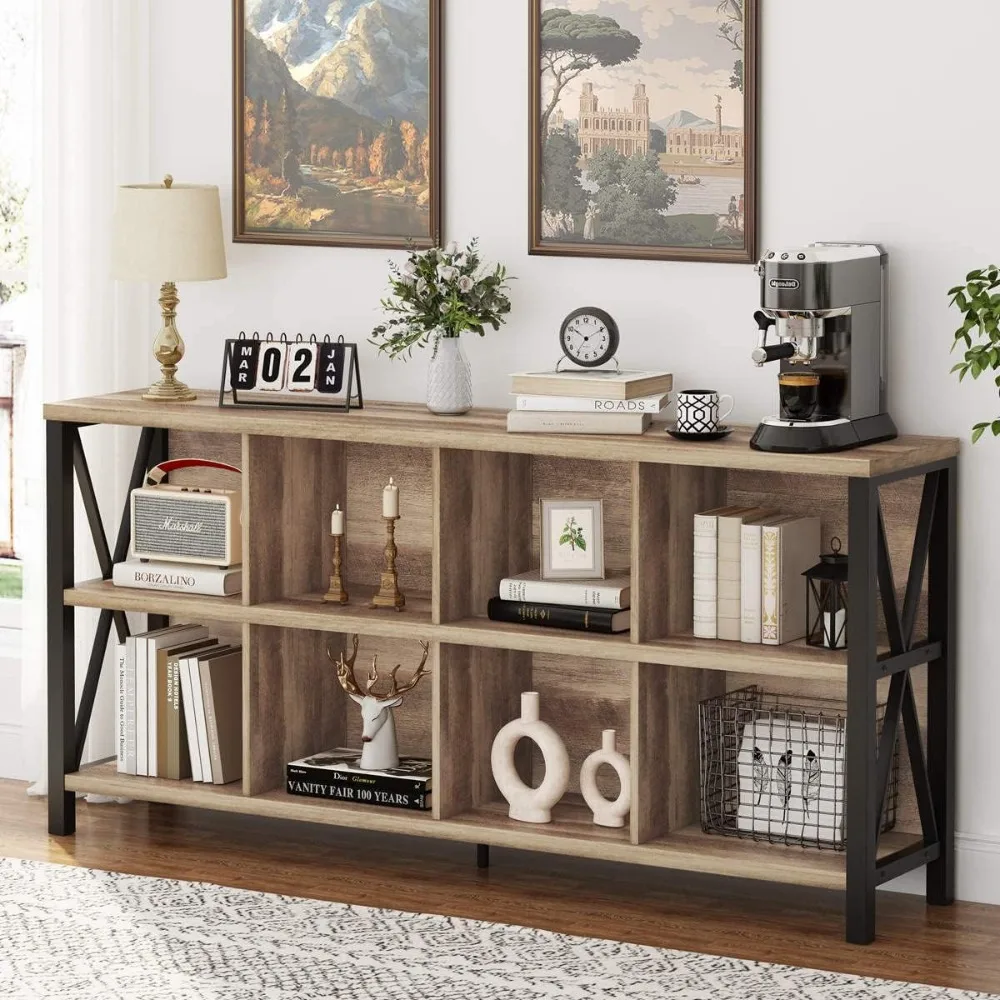 8 Cube Storage Organizer Bookshelf, Rustic Wood Cubby Bookcase, Industrial Horizontal Long Shelf for Living Room