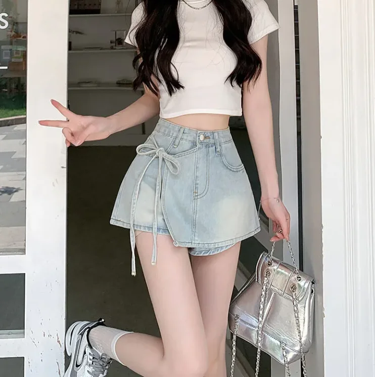 Irregular lace up skirt pants denim skirt women's fashion casual 2025 summer new women's clothing